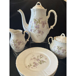 Antique CT of Altwasser coffee pot set purple floral Germany 8 piece set